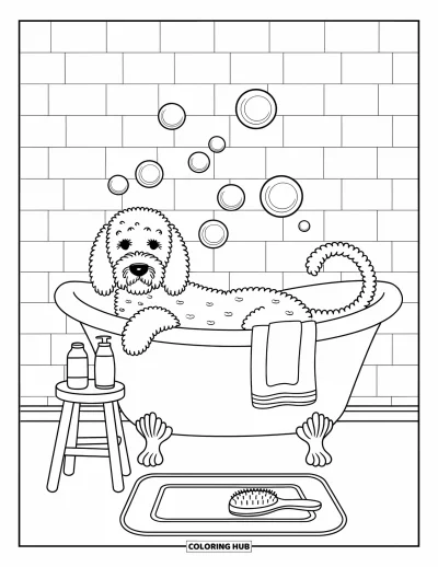 Coloriage de Goldendoodle pour adultes : Un Goldendoodle dans une baignoire avec des bulles, une serviette et des fournitures de soin à proximité