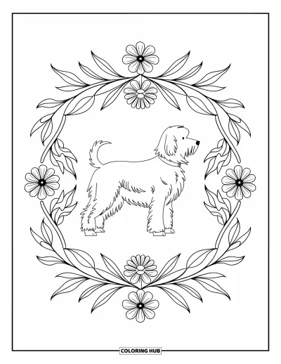Coloriage de Goldendoodle pour adultes : Un Goldendoodle de profil encadré par un motif de feuilles et de fleurs botaniques
