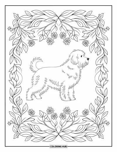 Coloriage de Goldendoodle pour adultes : Un Goldendoodle de profil dans l'herbe entouré de motifs botaniques