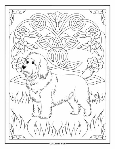 Coloriage de Goldendoodle pour adultes : Un Goldendoodle de profil avec des fleurs et des feuilles encadrées par une bordure décorative