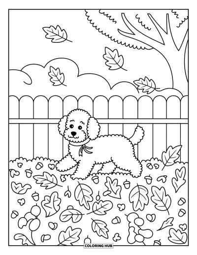 Coloriage de Goldendoodle pour adultes : Un Goldendoodle avançant dans des feuilles d'automne avec une écharpe et une clôture en bois