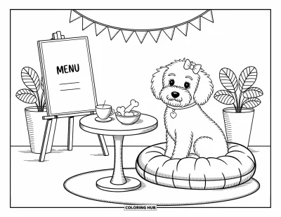 Coloriage de Goldendoodle pour adultes : Un Goldendoodle sur un coussin moelleux près d'une table de café avec des biscuits et une boisson
