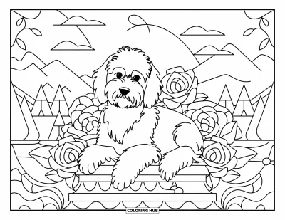 Coloriage de Goldendoodle pour adultes : Un Goldendoodle sur un socle de pierre parmi des roses façon vitrail et un décor naturel