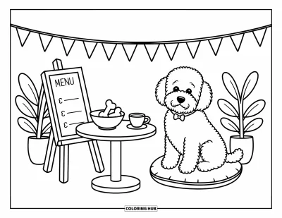 Coloriage de Goldendoodle pour adultes : Un Goldendoodle assis sur un coussin près d'une table de café avec des biscuits et une boisson