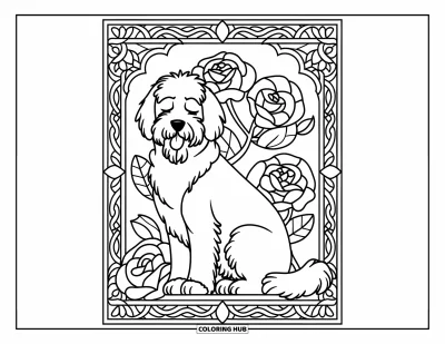 Coloriage de Goldendoodle pour adultes : Un Goldendoodle assis sereinement parmi des roses façon vitrail