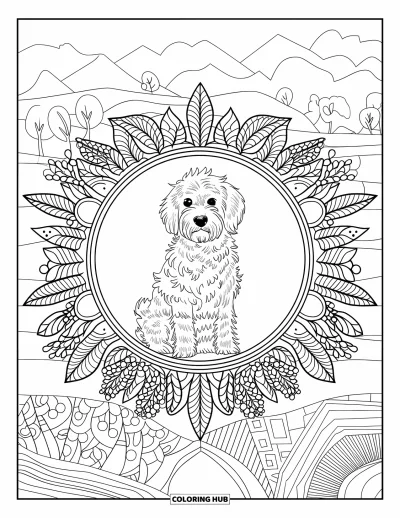 Coloriage de Goldendoodle pour adultes : Un Goldendoodle assis avec grâce au centre d'un mandala botanique pleine page