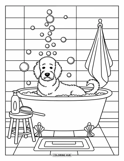 Coloriage de Goldendoodle pour adultes : Un Goldendoodle assis dans une baignoire pleine de bulles avec des accessoires de toilettage à côté