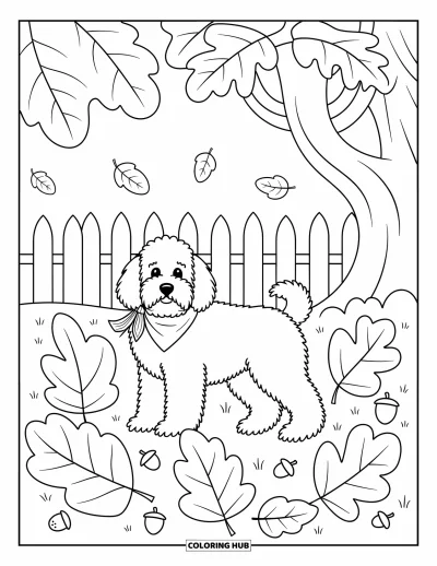 Coloriage de Goldendoodle pour adultes : Un Goldendoodle debout parmi de grandes feuilles avec une écharpe et une clôture en bois