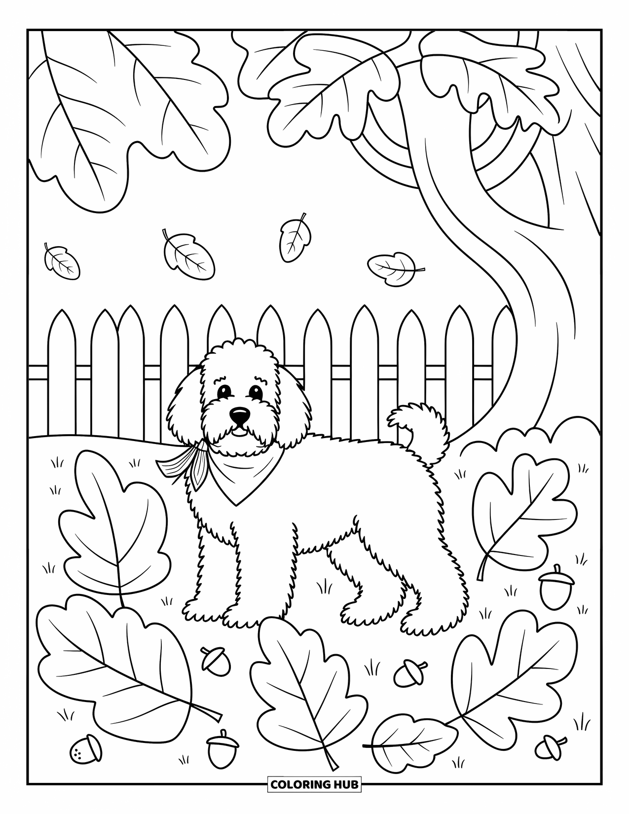 Goldendoodle Coloring Page for Adults: Goldendoodle standing among oversized leaves with a scarf and wooden fence
