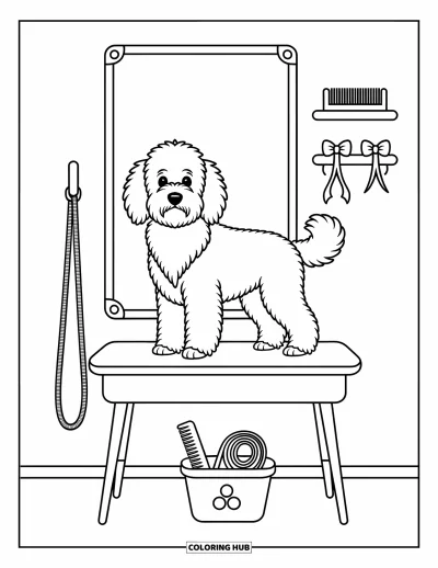 Coloriage de Goldendoodle pour adultes : Un Goldendoodle debout sur une table de toilettage avec des nœuds et des outils de soin