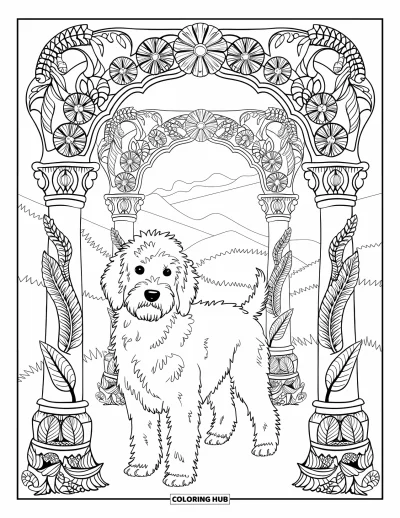 Coloriage de Goldendoodle pour adultes : Un Goldendoodle debout sous des arches florales ornées avec des montagnes en arrière-plan