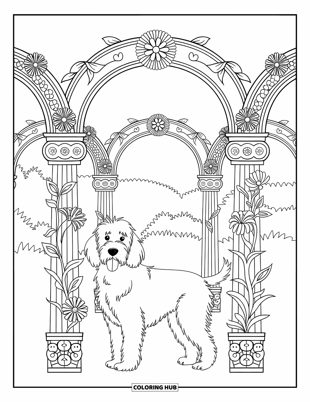 Goldendoodle Coloring Page for Adults: Goldendoodle under floral arches with flowers, vines, and lush scenery