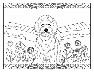 Coloriage de Goldendoodle pour adultes : Un Goldendoodle les yeux fermés dans un champ de fleurs avec une bordure en mandala