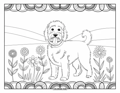 Coloriage de Goldendoodle pour adultes : Un Goldendoodle la langue pendante dans un champ fleuri avec une bordure en mandala