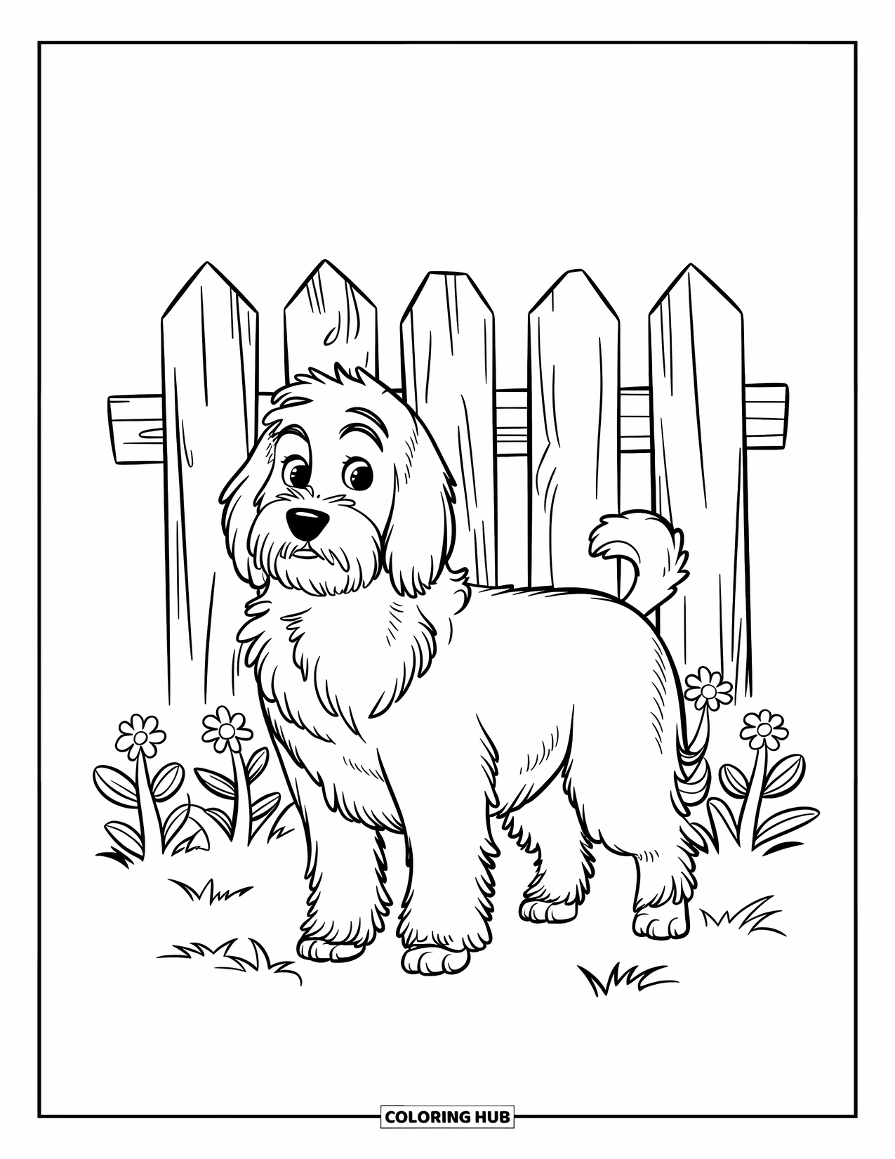 Goldendoodle Coloring Page for Kids: Goldendoodle before a weathered wooden fence with flowers growing below