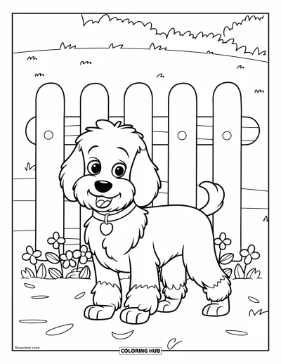 Coloriage de Goldendoodle pour enfants : Un Goldendoodle près d'une simple clôture en bois avec des pétales de fleurs éparpillés