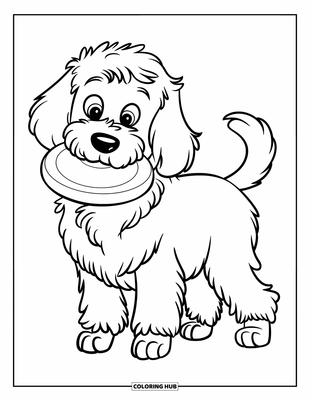 Goldendoodle Coloring Page for Kids: Goldendoodle holding a frisbee on grass with a cheerful expression