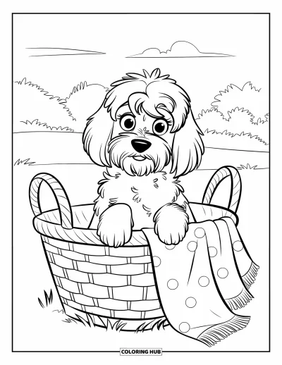 Coloriage de Goldendoodle pour enfants : Un Goldendoodle dans un panier avec une couverture à motifs et un ciel nuageux