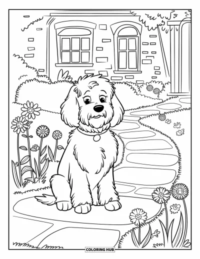 Coloriage de Goldendoodle pour enfants : Un Goldendoodle sur un chemin de pierres menant à travers un jardin vers un cottage