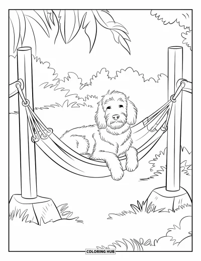 Coloriage de Goldendoodle pour enfants : Un Goldendoodle se détendant dans un hamac entouré d'une végétation luxuriante