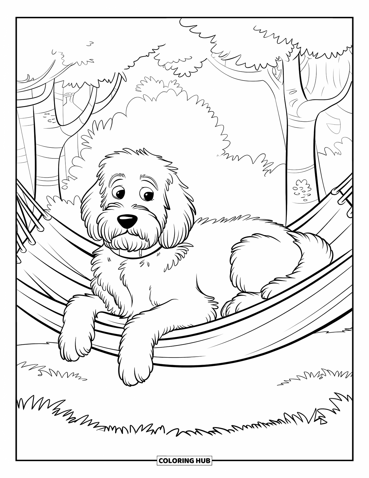 Goldendoodle Coloring Page for Kids: Goldendoodle resting on a hammock between trees with animals peeking nearby