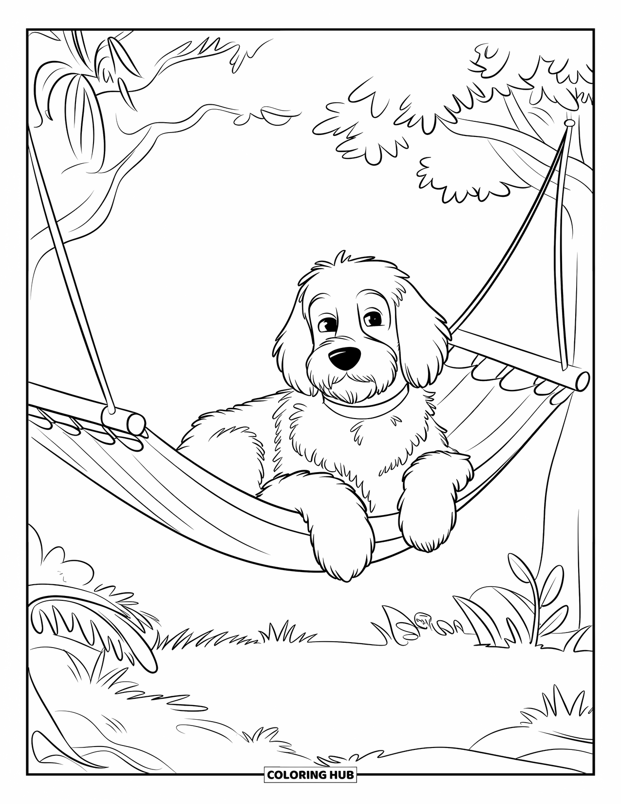 Goldendoodle Coloring Page for Kids: Goldendoodle resting on a hammock between two posts in a forest