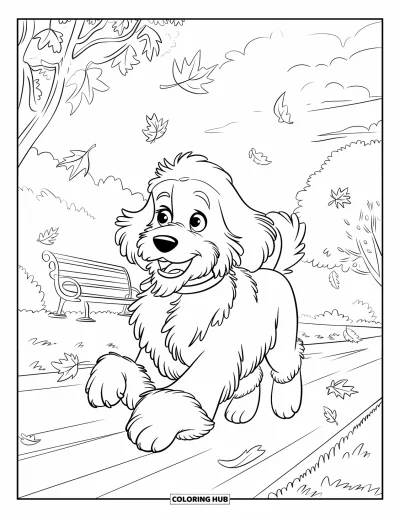 Coloriage de Goldendoodle pour enfants : Un Goldendoodle courant dans un parc avec des feuilles et un banc à proximité