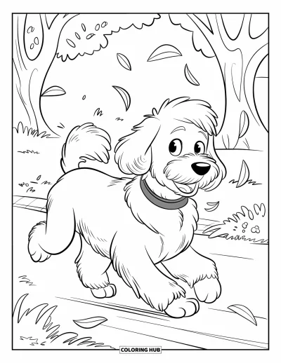 Coloriage de Goldendoodle pour enfants : Un Goldendoodle courant dans un parc avec des feuilles tourbillonnant autour de lui