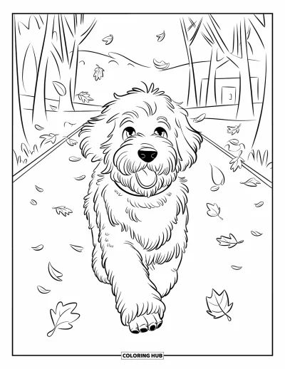 Coloriage de Goldendoodle pour enfants : Un Goldendoodle courant dans un parc avec des feuilles éparpillées et flottantes