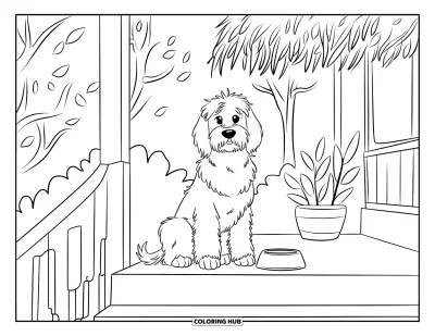 Coloriage de Goldendoodle pour enfants : Un Goldendoodle assis sur une véranda près d'une gamelle et de plantes en pot