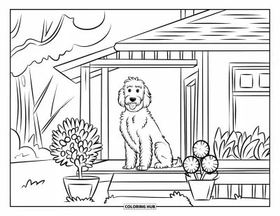 Coloriage de Goldendoodle pour enfants : Un Goldendoodle assis sur une véranda entourée de plantes en pot et d'arbres