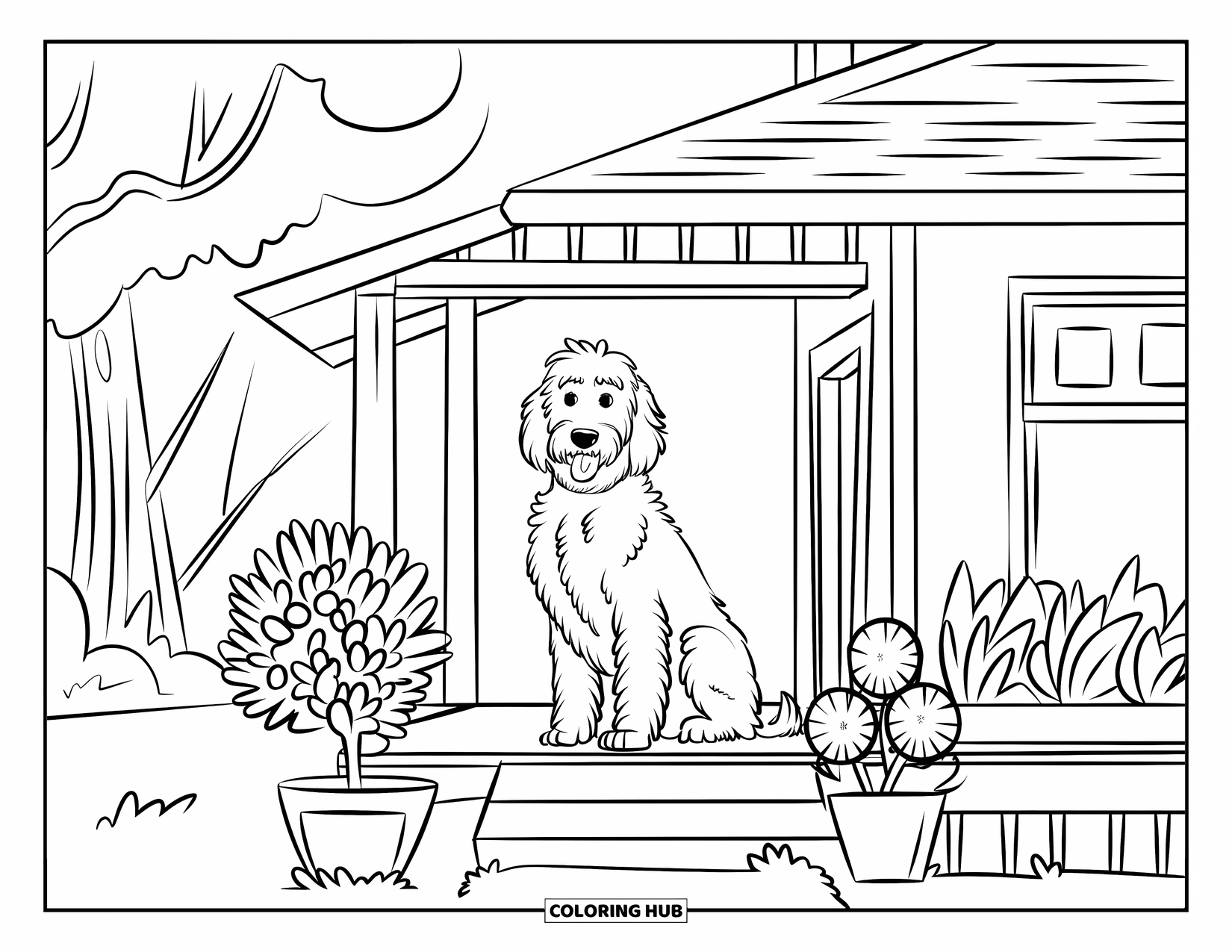 Goldendoodle Coloring Page for Kids: Goldendoodle sitting on a porch surrounded by potted plants and trees