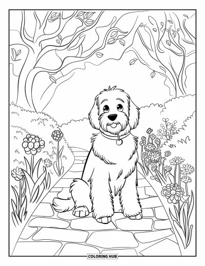 Coloriage de Goldendoodle pour enfants : Un Goldendoodle assis sur un chemin de pierres parmi de grandes fleurs et des arbres délicats