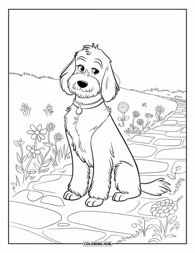 Coloriage de Goldendoodle pour enfants : Un Goldendoodle assis sur un chemin de pierres entouré de fleurs épanouies
