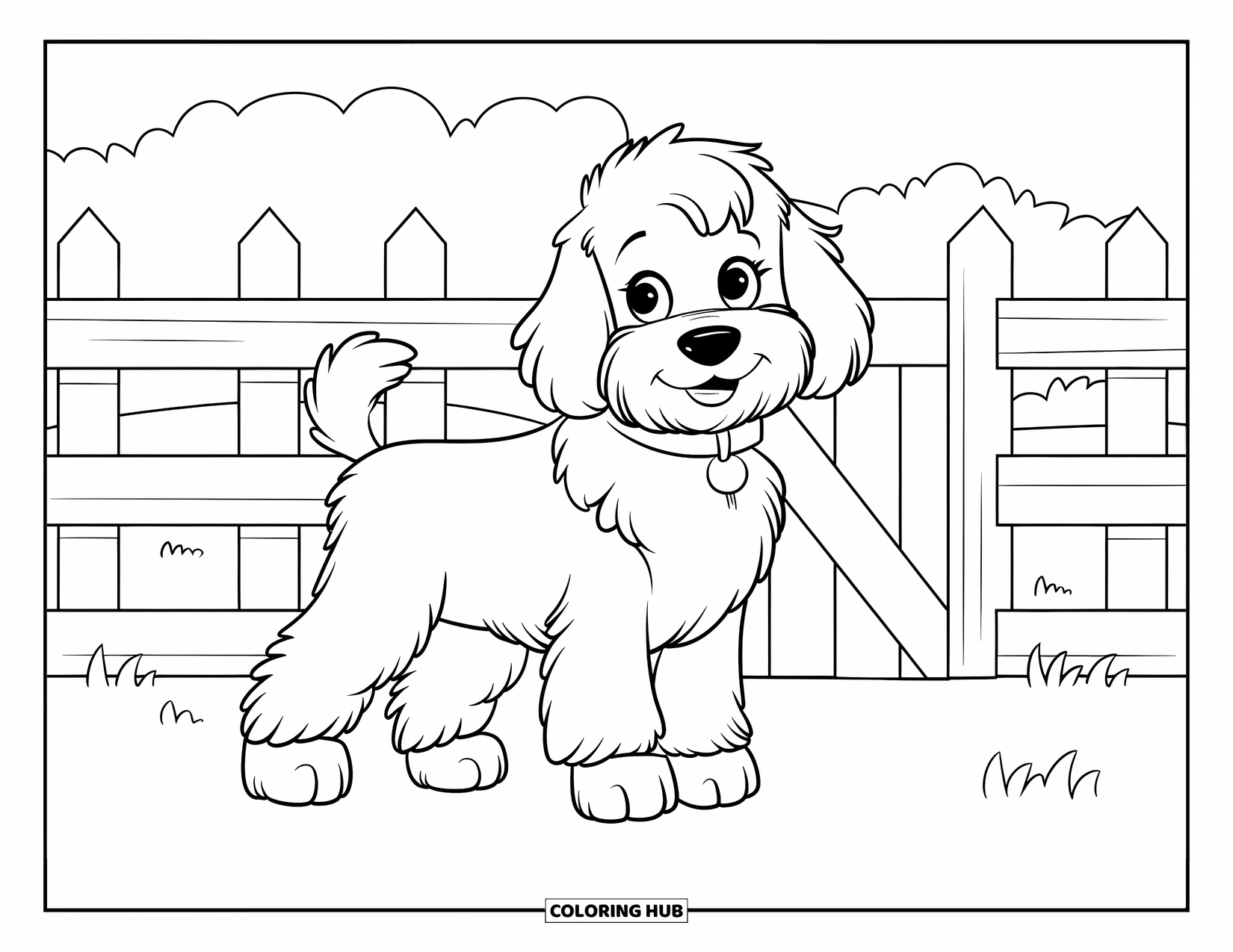 Goldendoodle Coloring Page for Kids: Goldendoodle smiling in front of a wooden fence in a green field