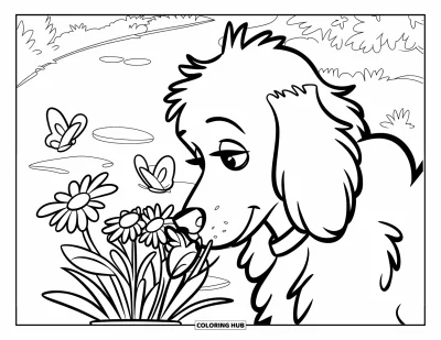 Coloriage de Goldendoodle pour enfants : Un Goldendoodle reniflant des fleurs sauvages dans un vase avec des papillons à proximité