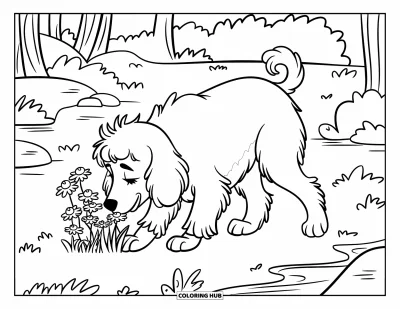 Coloriage de Goldendoodle pour enfants : Un Goldendoodle reniflant des fleurs sauvages près d'arbres, de rochers et d'un ruisseau