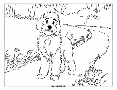 Coloriage de Goldendoodle pour enfants : Un Goldendoodle debout sur un chemin bordé de fleurs entouré de hautes herbes et d'arbres