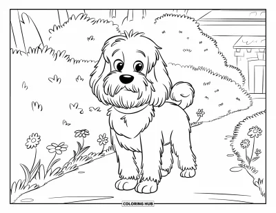 Coloriage de Goldendoodle pour enfants : Un Goldendoodle debout sur un chemin fleuri avec un bâtiment à toit rouge à proximité