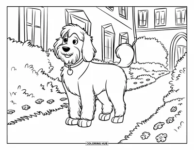 Coloriage de Goldendoodle pour enfants : Un Goldendoodle debout sur un chemin bordé de fleurs près d'un bâtiment