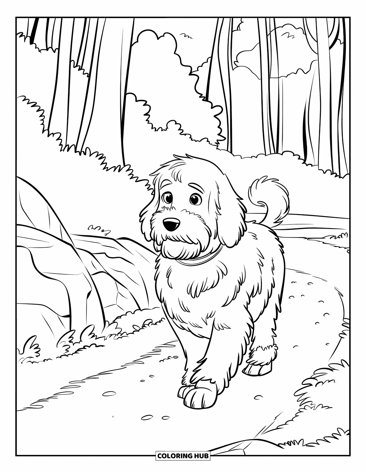 Goldendoodle Coloring Page for Kids: Goldendoodle walking along a trail lined with rocks and tall trees
