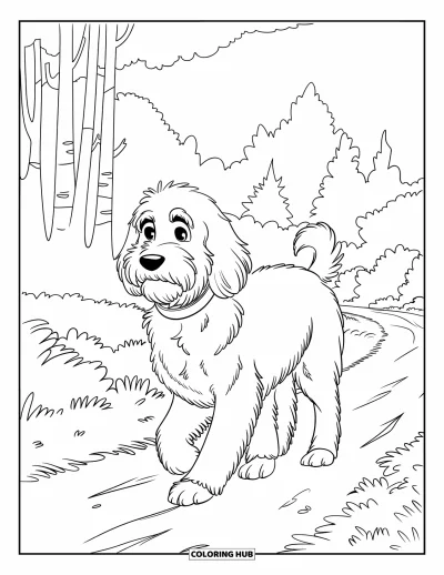 Coloriage de Goldendoodle pour enfants : Un Goldendoodle marchant sur un sentier avec de grands arbres stylisés en arrière-plan