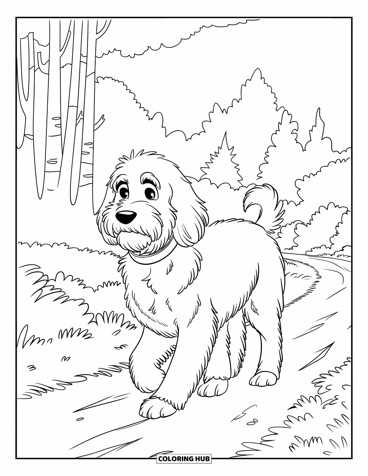 Goldendoodle Coloring Page for Kids: Goldendoodle walking along a trail with tall, stylized trees in the background