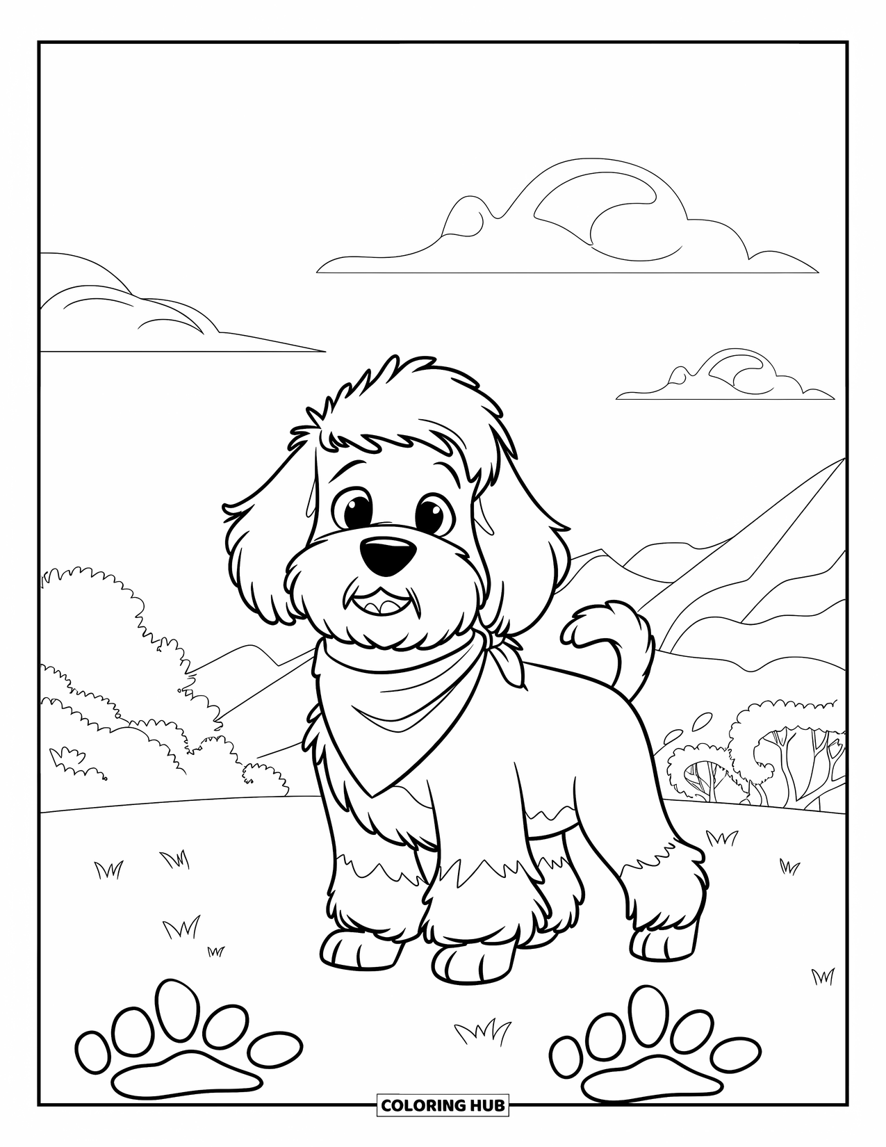 Goldendoodle Coloring Page for Kids: Goldendoodle with a bandana on a grassy field with paw prints and mountains