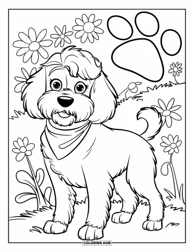 Coloriage de Goldendoodle pour enfants : Un Goldendoodle avec un bandana debout parmi des fleurs et des empreintes de pattes