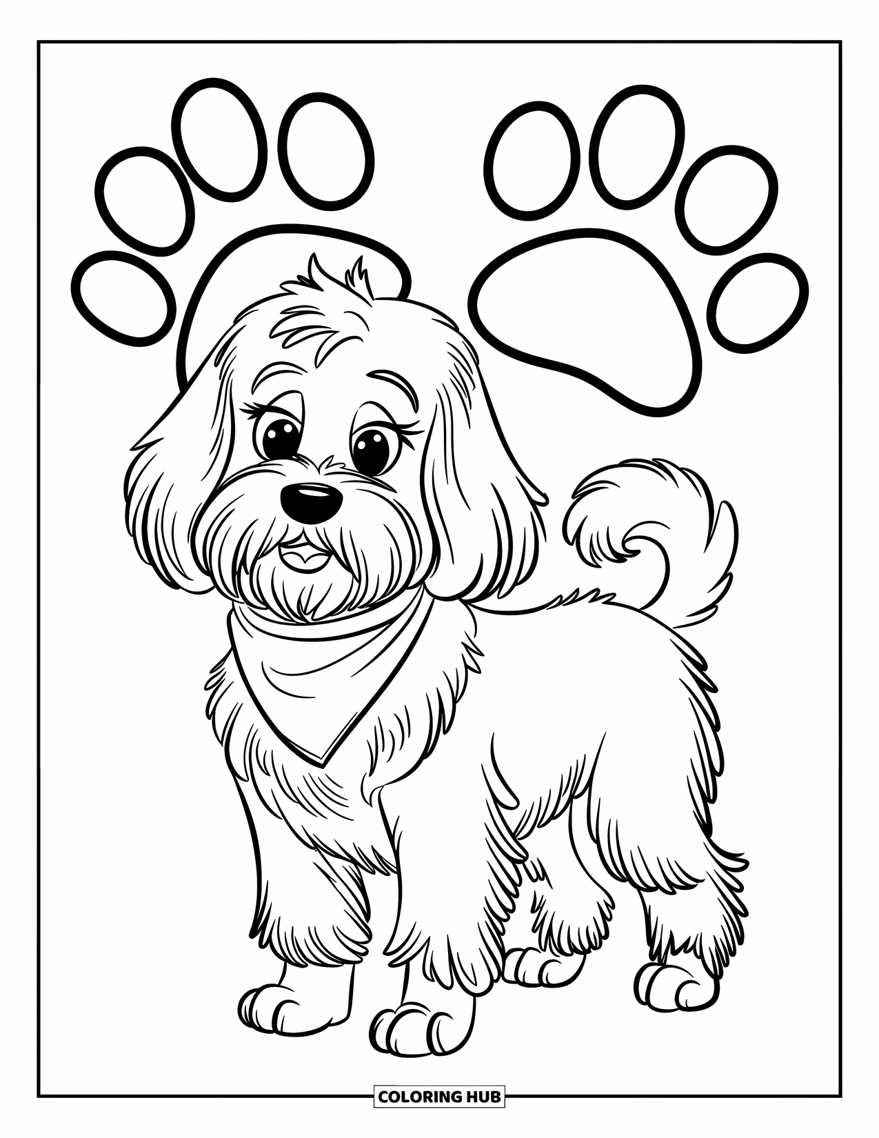 Goldendoodle Coloring Page for Kids: Goldendoodle with a bandana standing on two large paw prints