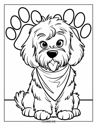 Coloriage de Goldendoodle pour enfants : Un Goldendoodle avec un bandana debout avec deux grandes empreintes de pattes derrière lui