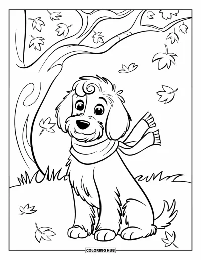 Coloriage de Goldendoodle pour enfants : Un Goldendoodle avec une écharpe assis sous un arbre avec des feuilles qui tombent