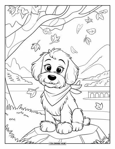Coloriage de Goldendoodle pour enfants : Un Goldendoodle aux grands yeux et à l'écharpe sous un arbre dans un paysage de montagne
