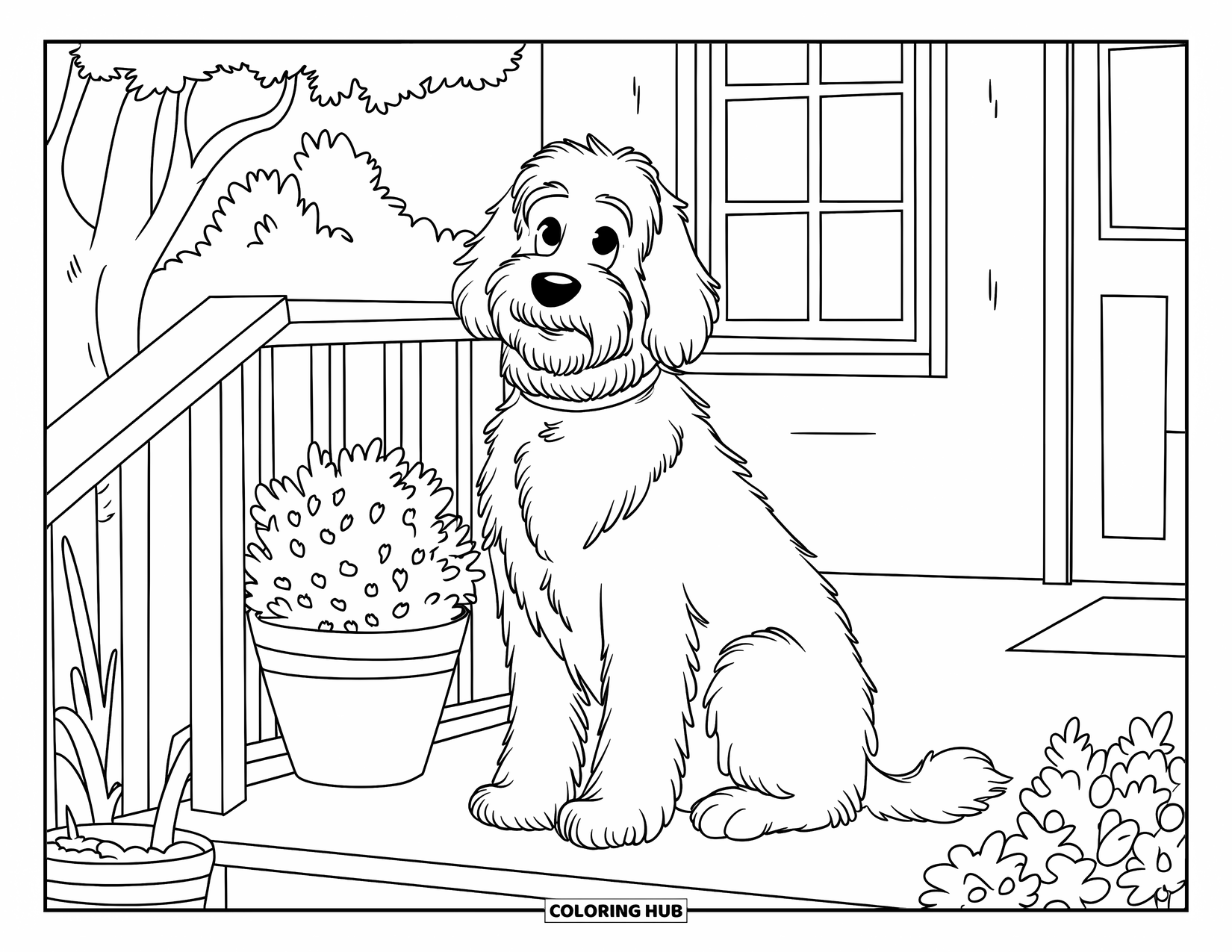 Goldendoodle Coloring Page for Kids: Goldendoodle with fluffy coat and collar sitting on a porch near a tree